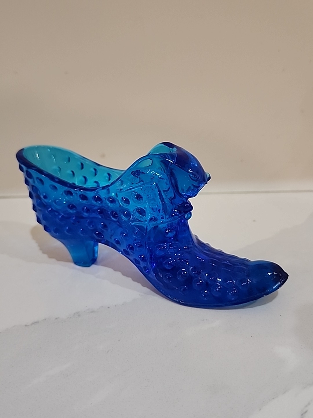 Fenton Glass Hobnail Shoe Cobalt Blue w/ Cat Ring Trinket Holder MCM Vintage